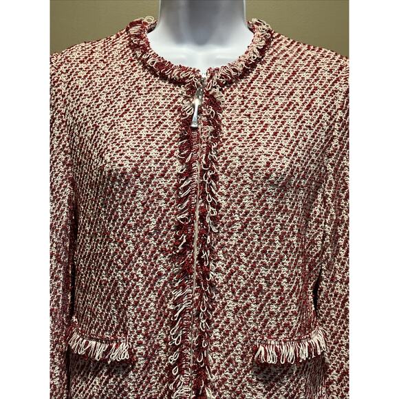 Vtg St John Knit Size 2 Skirt Suit Red & White Tweed Fringed Jacket Full Zip - Picture 5 of 16